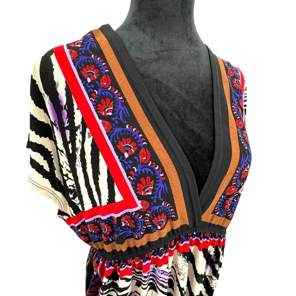 Vintage Y2K Babydoll Dress 2X Empire‎ Waist  Colorful Animal Deep V Neck Dolman